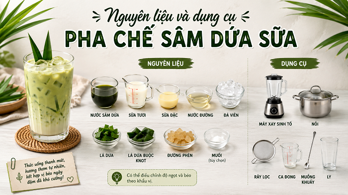 Chuẩn bị nguyên liệu và dụng cụ pha chế sâm dứa sữa 